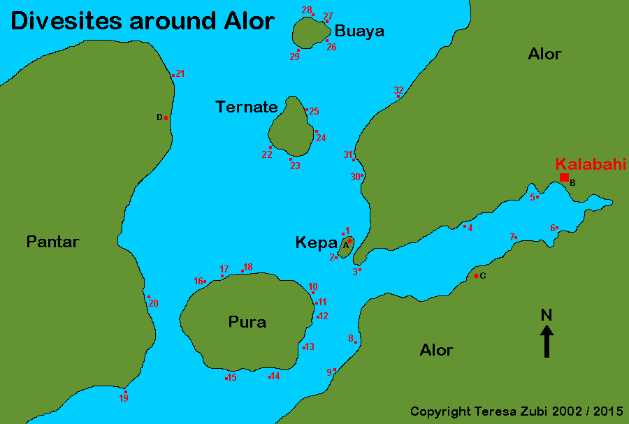 Map of Alor and Pantar and the dive sites there