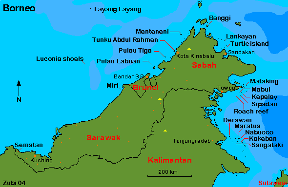 Map of the northern part of Borneo with dive areas