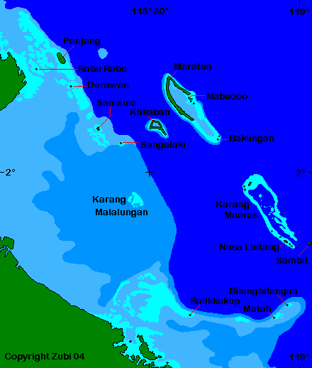 Map of Sangalaki, Derawan, Nabucco, Manatua, Kakaban in the Berau Archipelago