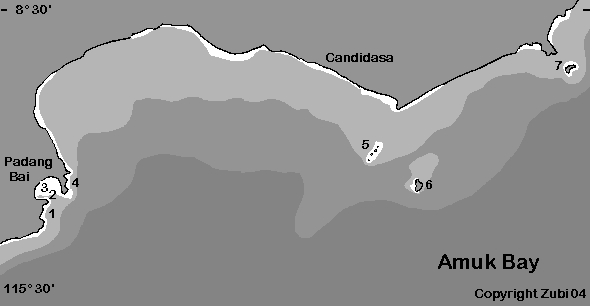 Map of Amuk Bay in Bali, Indonesia with dive sites