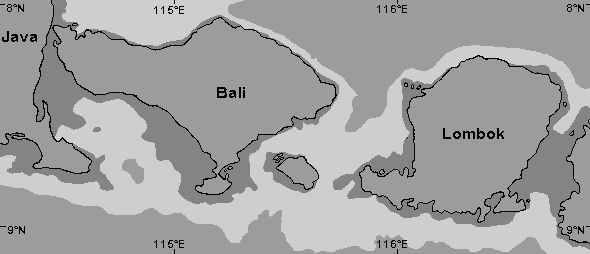 Map of Bali, Lombok and Sumbawa during the Pleistocene times 
