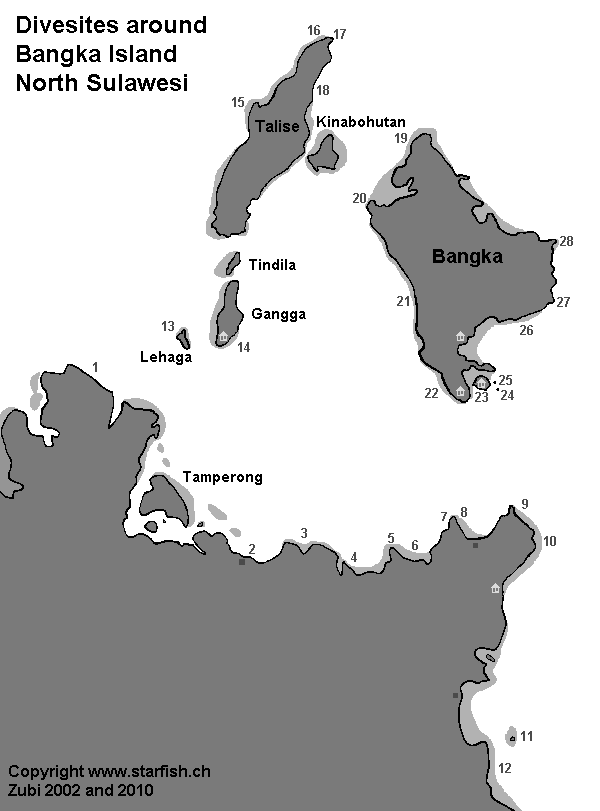 Karte von Bangka und umliegneden Inseln (Lehaga, Gangga, Talise). Druckversion