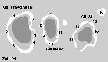 Map of the Gili islands in Lombok, Indonesia