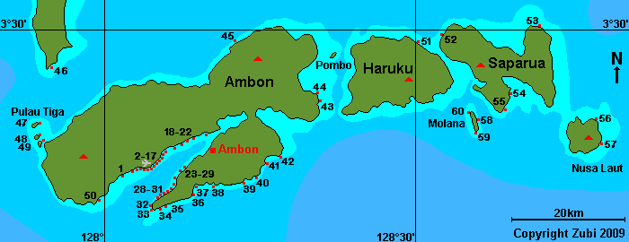 Map of Ambon,  Haruku, Saparua dive sites