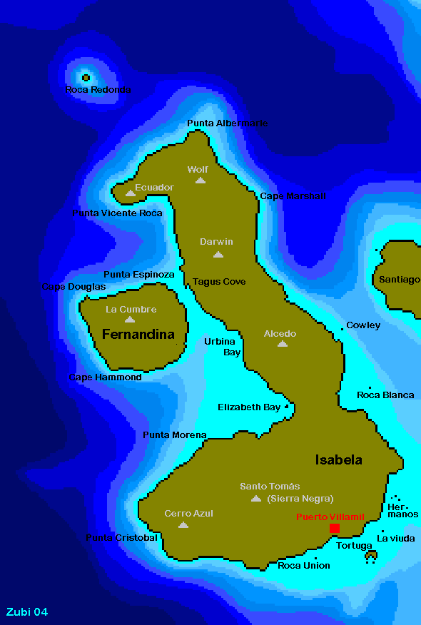 Map of the dive sites in the western Islands of the Galapagos (Isabela and Fernandina) - Karte der Tauchplätze im Westen der Galapagos Inseln (Isabela und Fernandina)