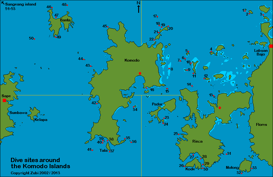 Map of Komodo, Rinca and Banta with dive sites