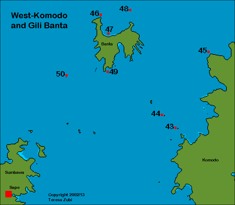 Map of Northwest of the National Komodo Park and Banta with the main dive areas