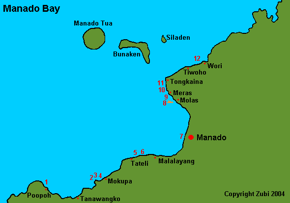 Map of Manado Bay area with dive sites