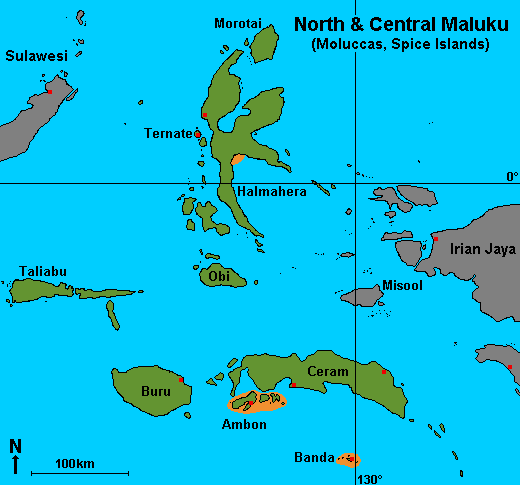 Map of Maluku (Moluccas, Spice Islands), Ambon / Banda / Halmahera (Weda bay) 