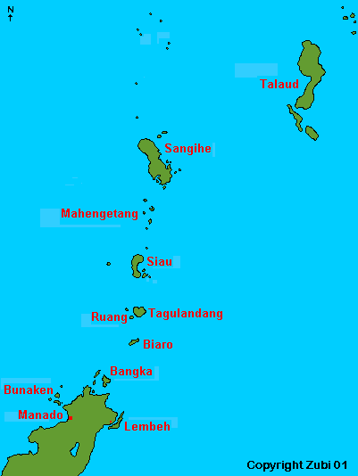 Map of north Sulawesi (Manado, Bunaken, Siau and Sangihe islands)