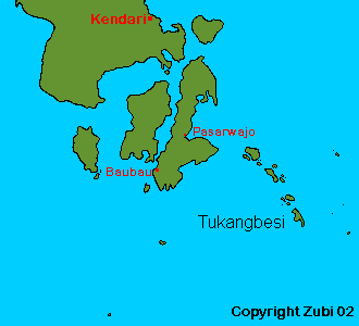 Map of southeast Sulawesi with Tukangbesi, Kendari, Pasarwajo and Bau-Bau