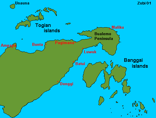 Map of the Togean (togian) and Banggai islands, central Sulawesi, Indonesia
