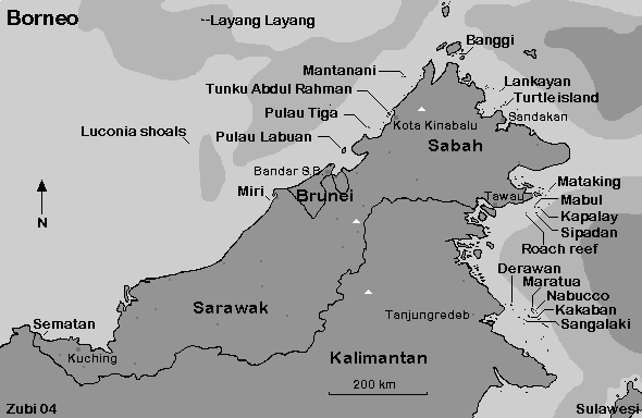 Map of northern Borneo with all dive areas