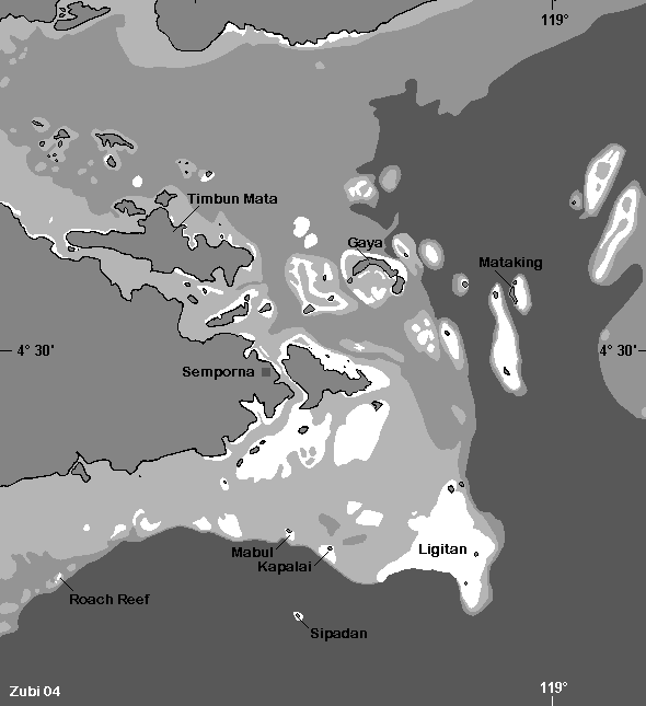 Map of Ligitan Group with Mabul, Sipadan, Kapalai, Mataking, Roach Reef dive areas