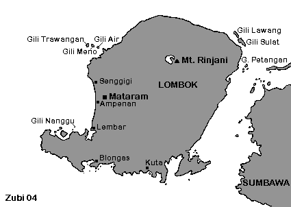 Map of Lombok island, Indonesia, with dive areas