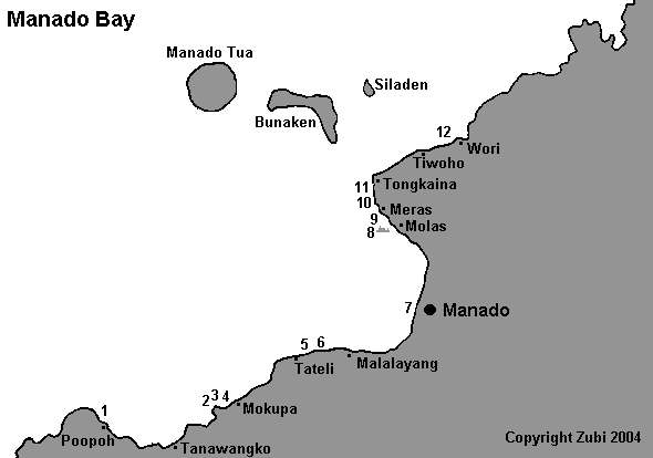 Map of the dive areas in the Manado bay